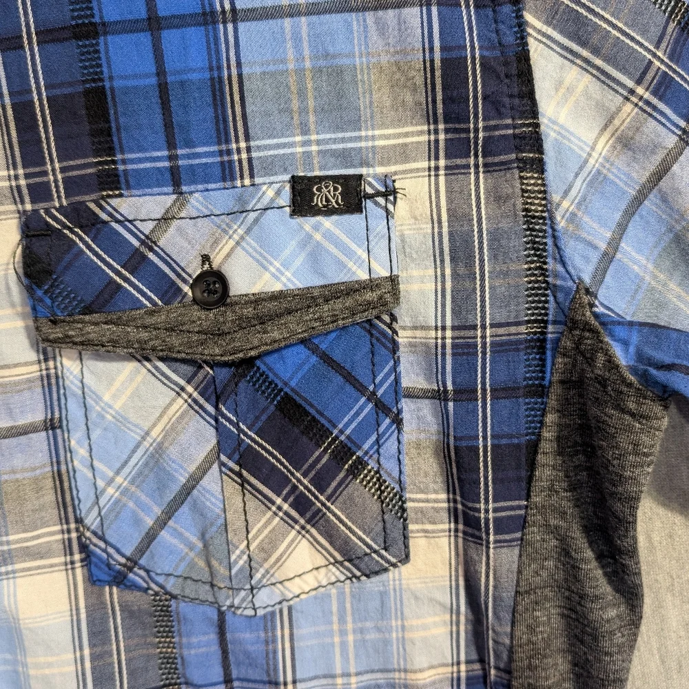 Rock & Republic Plaid Shirt Men's Medium Blue Shirt Sleeve - Picture 2 of 9